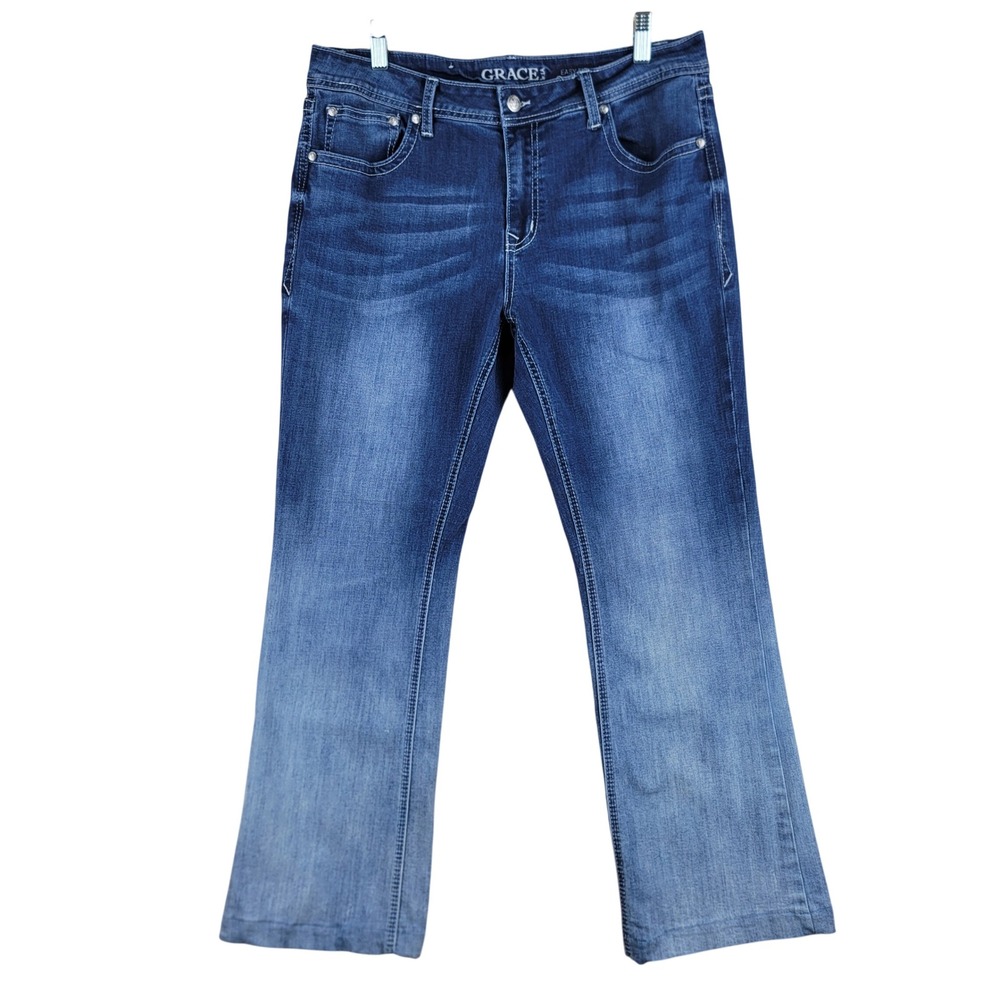 Grace Jeans Womens 33x28 Blue Easy Fit Fleur De Lis Ombre Fade Stretch Denim